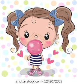 Cute Cartoon Girl with pink bubble gum