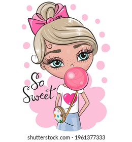 Cute Cartoon Girl With A Pink Bubblegum