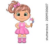 A cute cartoon girl in a pink dress is holding an ice cream. Vector illustration isolated on white.