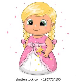 A cute cartoon girl in a pink dress is holding a magic wand. Vector illustration of a fairy on a white background with pink stars.