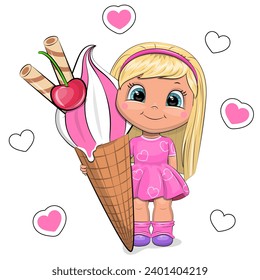 A cute cartoon girl in a pink dress is holding a big ice cream. Summer vector illustration of little woman on white background with red hearts. 