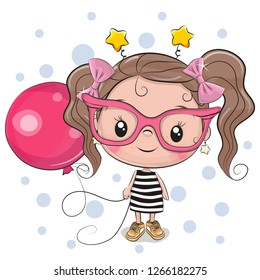 Cute Cartoon Girl with pink glasses and balloon