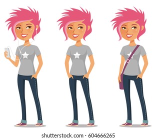 cute cartoon girl with pink hair in casual outfit. Funny teenage girl or student in street fashion, holding a mobile phone, listening to music. Cartoon character. Isolated on white.