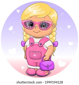 Cute cartoon girl in pink jumpsuit, glasses and purple bag. Vector illustration of beauty on purple background with hearts and stars.