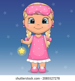 A cute cartoon girl in a pink nightie and a sleep mask is holding a star. Vector illustration on a blue background with stars.