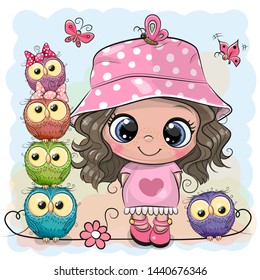 Cute Cartoon Girl in Pink Panama hat and five Owls