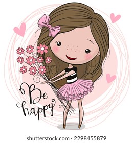 Cute Cartoon Girl in a pink scirt with flowers