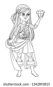 Cute cartoon girl in pirate costume looking at a huge gem in hand outlined isolated on white background