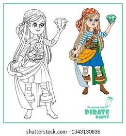 Cute cartoon girl in pirate costume looking at a huge gem in hand color and outlined isolated on white background