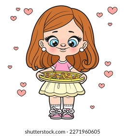 Cute cartoon girl with pizza in hands color variation for coloring page on a white background