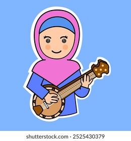 Linda chica de dibujos animados jugando banjo en hijab. Ilustración vectorial. Conveniente para las pegatinas adorables y el contenido musical de la actuación