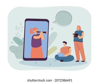 Cute cartoon girl playing clarinet on huge phone screen. Students with mobile devices watching musical performance flat vector illustration. Music, online education, technology concept for banner