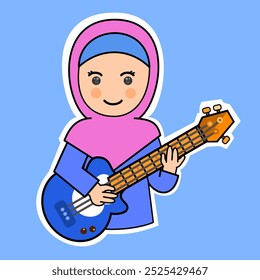 Menina de desenhos animados bonitos tocando guitarra elétrica no hijab. Ilustração de vetor. Adequado para adesivos adoráveis e conteúdo de desempenho musical