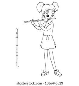 Cute cartoon girl playing the flute. Young flutist. Music lesson. White and black vector illustration for coloring book. Isolated objects on white background.