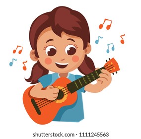 cute cartoon girl playing the guitar. child making music. vector illustration isolaten on white background.