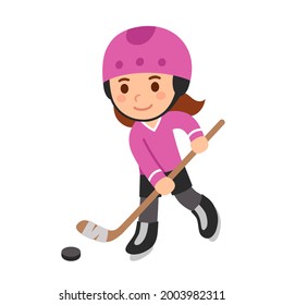 Cute cartoon girl playing hockey, in pink uniform and helmet. Isolated vector clip art illustration.