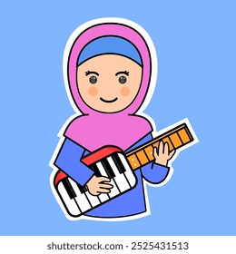 Linda chica de dibujos animados jugando Keytar en el hijab. Ilustración vectorial. Conveniente para las pegatinas adorables y el contenido musical de la actuación