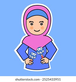 Cute Cartoon Girl Playing Maracas in Hijab. Vector Illustration. Suitable for Adorable Stickers and Musical Performance Content