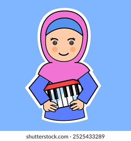 Cute Cartoon Girl Playing Toy Keyboard in Hijab. Vector Illustration. Suitable for Adorable Stickers and Musical Performance Content
