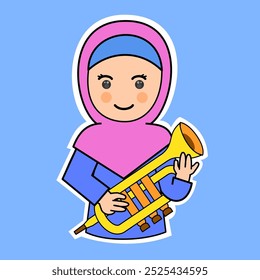 Menina de desenhos animados bonita tocando trompete no hijab. Ilustração de vetor. Adequado para adesivos adoráveis e conteúdo de desempenho musical