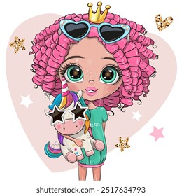 Cute Cartoon Girl Princess with blue glasses with Unicorn