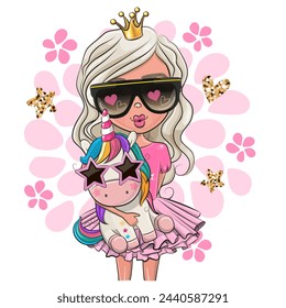 Cute Cartoon Girl Princess in glasses with Unicorn