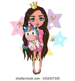 Cute Cartoon Girl Princess in a pink dress with Unicorn