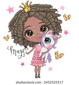 Cute Cartoon Girl Princess in pink dress with Unicorn Handdrawn