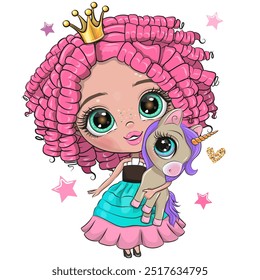 Cute Cartoon Girl Princess with pink hair with Unicorn