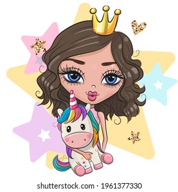 Cute Cartoon Girl Princess with Unicorn on a stars background