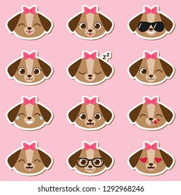 Cute cartoon girl puppy with different expressions. Vector set of female dog emojis