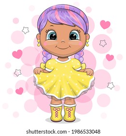 Cute cartoon girl with purple hair in a yellow dress. Vector illustration of a child on a pink background with hearts.