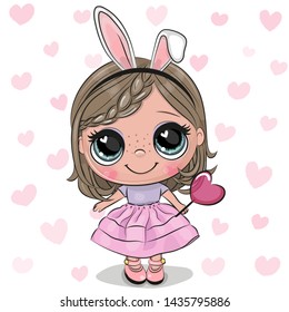 Cute Cartoon Girl with rabbit ears in a pink dress with Lollipop