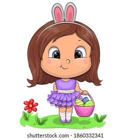 Cute cartoon girl with rabbit ears holds basket with easter eggs. Vector illustration with child isolated on white.