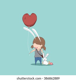 Cute cartoon girl rabbit holding heart-shaped balloons and rabbit easter, cute Valentine's Day card, drawing by hand vector and digital illustration created without reference image.