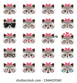 Cute cartoon girl raccoon with different expressions. Vector set of female racoon emojis
