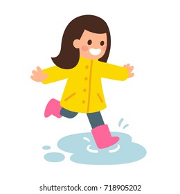 Cute cartoon girl in raincoat and rubber boots jumping in puddles. Happy kid playing in the rain. Flat style vector illustration.