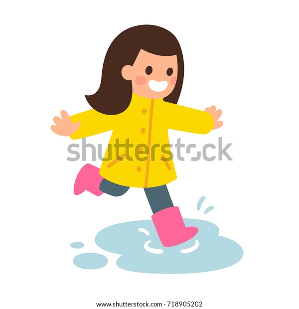 レインコートを着たかわいい漫画の女の子とゴムのブーツがよちよち歩き 雨の中で遊んでいる幸せな子ども フラットスタイルのベクターイラスト のベクター画像素材 ロイヤリティフリー