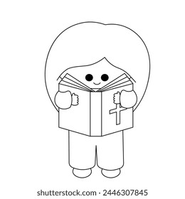 Cute cartoon girl read bible in black and white