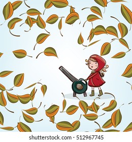 Cute cartoon girl in red coat holding a leaf blower surrounded with autumn leaves