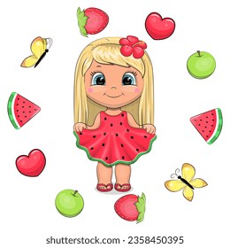 Cute cartoon girl with red dress and tropical flower in her hair stands in the fruit frame. Summer vector illustration with hearts, apples, watermelons, strawberries, butterflies on white background.