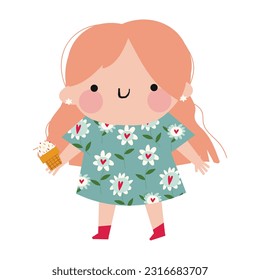 cute cartoon girl with red hair and in a blue dress with ice cream in her hands.  isolated vector illustration
