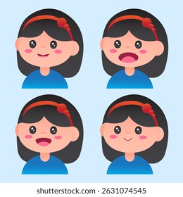 Cute cartoon girl with a red headband. This set shows various emotions: crying, happy, angry, and sly.