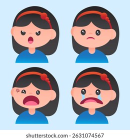 Cute cartoon girl with a red headband showing four different emotions: shouting, sad, angry, and crying. Expressive character set.