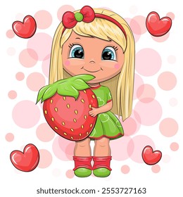 Cute cartoon girl with red strawberry. Vector illustration of a little woman on red background with hearts.