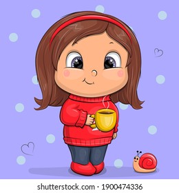 Cute cartoon girl in red sweater holding yellow cup. Vector illustration on blue background with dots.