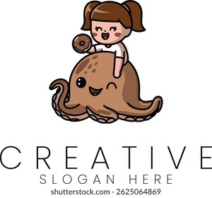 Cute cartoon girl riding an octopus with a donut. Perfect for kids illustration adorable happy fun