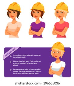 cute cartoon girl with safety hard hat - suitable for Do It Yourself topics for women. Confident young woman with her arms crossed. Isolated on white. Vector eps file.