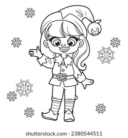 Cute cartoon girl in Santa Elf suit outlined for coloring page on white background