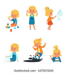 Cute cartoon girl set, collection of blonde little child playing, drawing, jumping in mud, petting a cat, reading a book - isolated flat vector illustration collection on white background